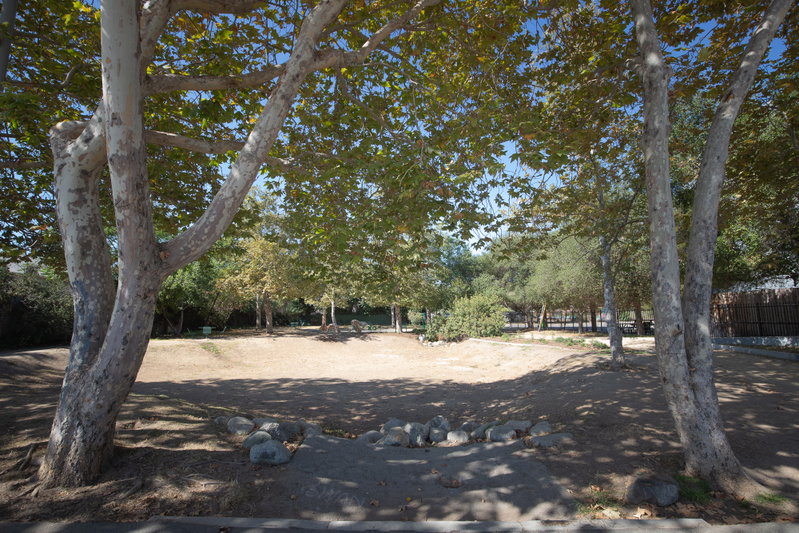 A shallow, rock-lined basin beneath sycamores in the park’s nature-play area.